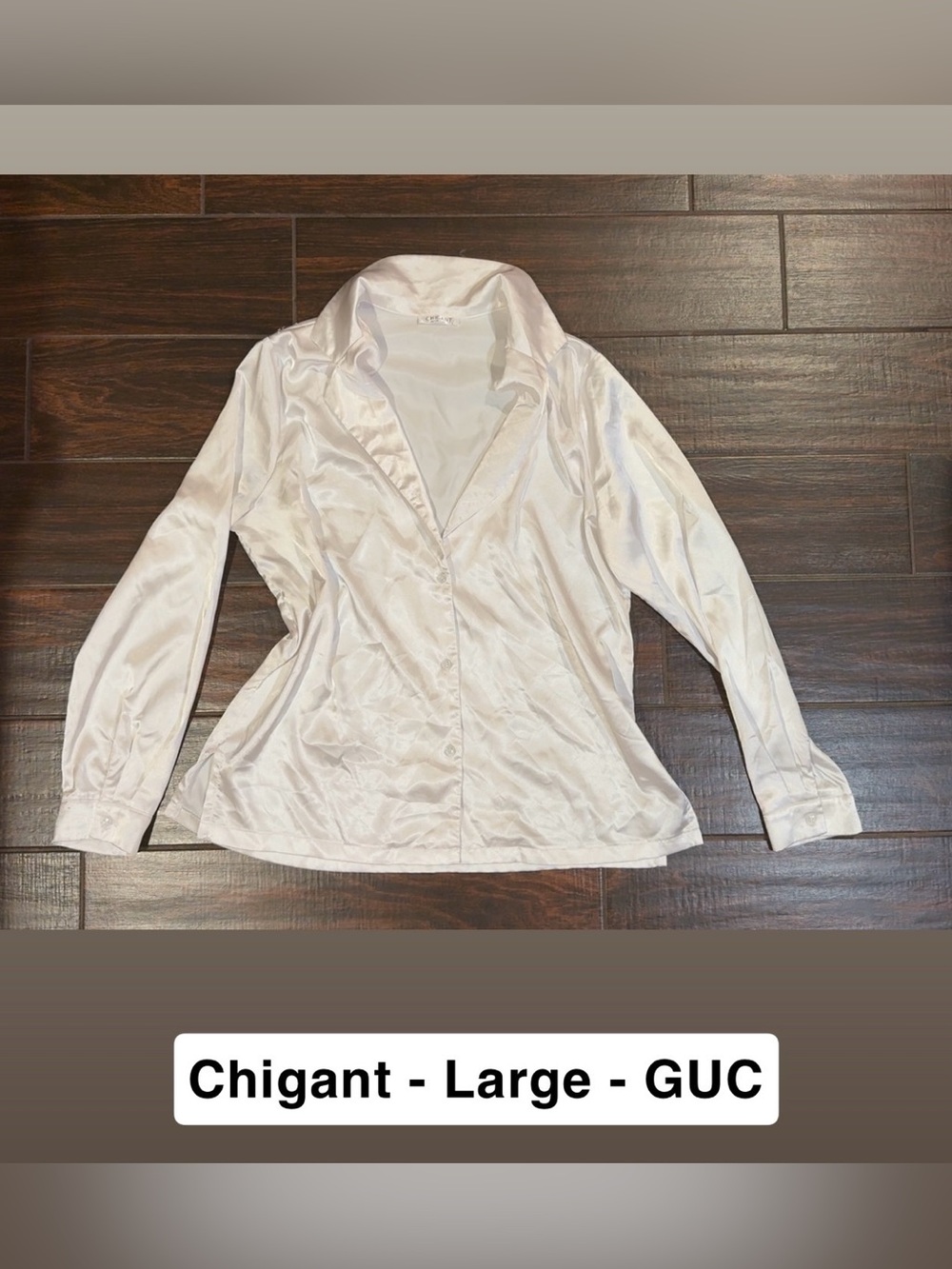 Chigant Womens White Satin Button Front Blouse Size Large